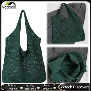 【Vodool】Women Casual Beach Bag Solid Color Mesh Knit Ladies Woven Handbag Fashion Handbag for Shopping Trip Summer Holiday Bags