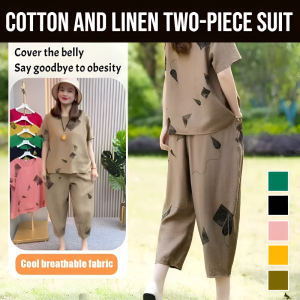[Counter Quality] Cotton And Linen Two-Piece Suit Womens Top Pants Two-Piece Cotton Linen Short-Sleeved Home Clothes Loose Slimming Belly Covering Summer Mothers Two-Piece Set