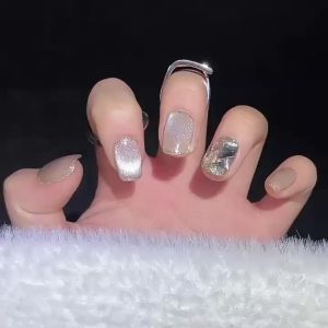 [HANDMADE]Artificial Nail Clear Glass Bead CatS Eye Short Style with Diamonds Phototpy Nails Reusable and Removable Nails