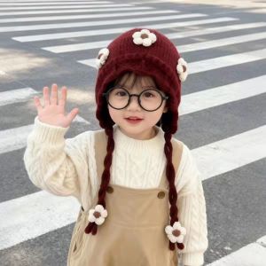 LUMIQLO Knitted Design Earflap Hat Floral Pattern Thick Warm Lining Infant Ear Protection Cap Soft Crochet Texture Knit Beanie For Baby Girls