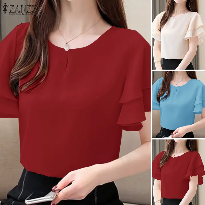 ZANZEA%20Korean%20Style%20Women's%20Blouse%20Ruffle%20Short%20Sleeve%20Double%20Layer%20O-Neck%20Solid%20Top%20Pullover%20#10%20-%20Image%207