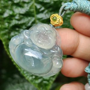Old Pit Icy Bluish Green Natural Type A Jadeite Pendant Necklace crafted as Laughing Buddha with certificate weigh 13.48 grams 27.7 * 31.6 * 7.2 mm (pendant162)