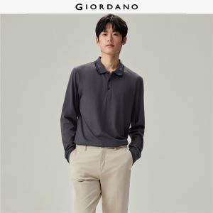 GIORDANO Men Polo Shirts Contrast Trim Collar Cotton Polo Shirts Long Sleeve Fashionable Casual Regular Polo Shirts 13016625