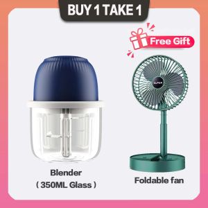 【BUE 1 TAKE 1】350ml Wireless Blender + Foldable Fan Chopper Glass Cup Garlic Chopper Garlic Chopper Mini Electric Food Chopper Processor Ginger Mincer Table Fan charging fan electric mini kipas angin USB Mini Fan