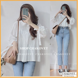 Áo sơ mi nữ tay lỡ trắng be CKA874 kiểu áo nữ thiết kế tay phồng thắt nơ cổ tròn xếp ly thời trang hàn quốc sang trọng