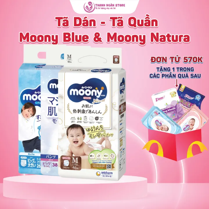 Bỉm Dán / Tã Quần Moony Natural - Moony Blue Boys Và Girl Đủ Size Cho Bé Từ 2 Kg Đến 33 Kg