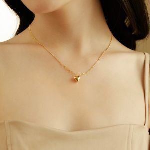 Three-dimensional Heart Shape Pendant Necklace Collarbone Chain S925 Sterling Silver Plated with 14K Gold Girl Woman Sense of Advanced