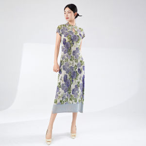 Miyake Improved Cheongsam Summer Womens New Chinese Style New Printed Retro Split Mid-Length Elegant Dress # 24517zsj-24LYQ2113-2