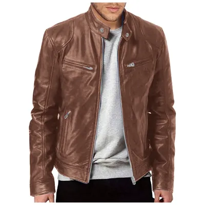 Men Causal Vintage Leather Jacket Coat Men Spring Fashion Design Motor Biker Pocket PU Leather Jacket Men