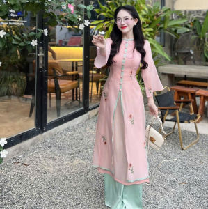 Áo dài thiết kế set áo dài cách tân mặc Tết Voan thêu hoa nút bọc cổ đan dây mix quần suông