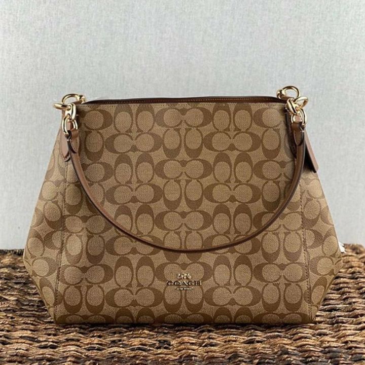 Coach F80298 Hallie Signature Coated Canvas Monogram Shoulder Bag Khaki Saddle Lazada PH