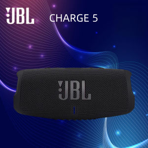 JBL Charge 5 portable speaker with fabric exterior and LED indicator.