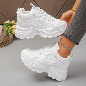 Womens Fashion White Platform Sneakers Thick Sole Non Slip Sports Shoes for Women Lace Up Height Increase Chunky Sneakers 35-42