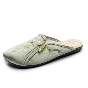 Summer Satin Embroidered Half-Slip Flat Home And Outdoor Slippers For Women Ethnic Style Embroidered Shoes