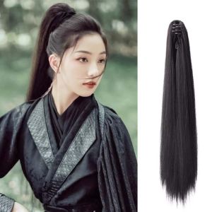 OMQAIO Ancient Chinese Hanfu Ponytail Wig Heat Resistant Hair Extensions Pony Tail Hair Piece Vintage Drawstring Long Straight Ponytail for Women Men