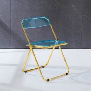 Kursi Lipat Akrilik Transparan Portable Hemat Ruang Rangka Logam Gold dan Silver Desain Modern