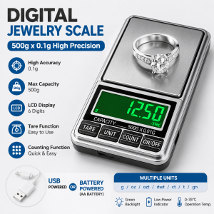 Portable Digital Jewelry Scale 500g x 0.1g Precision Mini Electronic Scale with LCD Display USB/Battery Powered Tare Function for Kitchen Gold Lab Use