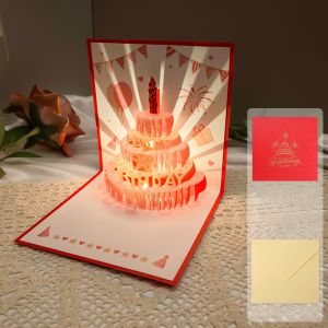 OPEAREY Music Light 3D Music Glowing Cards Happy Birthday with Envelope 3D Cake Greeting Card Creative Pop Up Glowing Cake Blessing Card For Birthday Gift