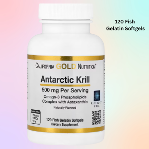 California Gold Nutrition Antarctic Krill Oil (500 mg 30/120 Fish Gelatin Softgels) Omega-3 Phospholipids Complex with EPA DHA and Astaxanthin Natural Strawberry and Lemon Flavor