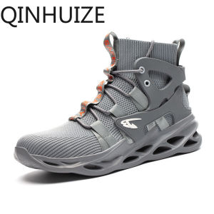 QINHUIZE Safety shoes mens anti-smashing anti-piercing steel toe cap work boots safety protective shoes fashion high top