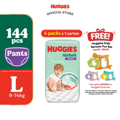 HUGGIES AirSoft Pants Diapers M46 / L36 / XL30 / XXL24 (4 packs) - Breathable and soft premium diapers for baby