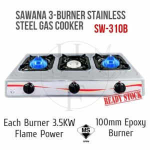 Sawana 3-Burner Stainless Steel Gas Cooker SW-310B SW310B Dapur Gas Tak Karat