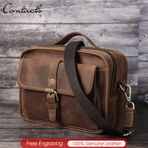 CONTACTS Genuine Leather Vintage Crossbody Bags Men Sling Shoulder Bag Small Handbag for 7.9" ipad Male Bag Portable Phone Bags