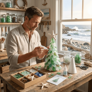 COUPLECOL Multi-Color DIY Christmas Tree Craft Kit Handmade Romantic Sea Glass Tree Creative with Starfish 3D Christmas Tree Art Kit Christmas