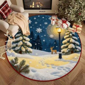 OOC 2D Flat Printed Christmas Rug Tree Bell Santa Claus 3D Illusion Rug Xmas Decor Non Slip Round Carpet Living Room