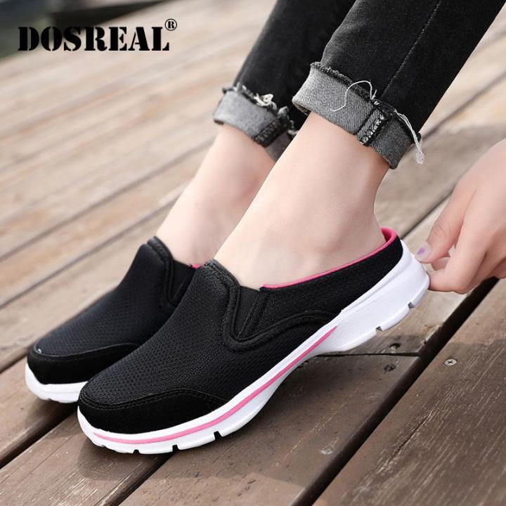 DOSREAL Sneakers Women Mesh Breathable Flat Bottom Slip On Half Slippers  Casual Shoes Running Sport Shoes Big Size 35-42