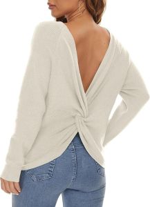 LILBETTER  Womens Long Sleeve Loose Cross Back Twist Pullover Knitted Sweater