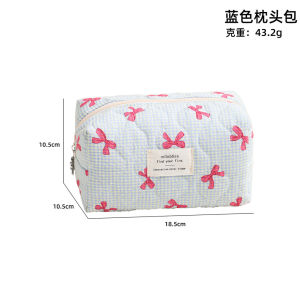 Túi Đựng Mỹ Phẩm Chần Bông Họa Tiết Cherry Nơ Dễ Thương Túi Trang Điểm Du Lịch Khóa Kéo Dung Tích Lớn