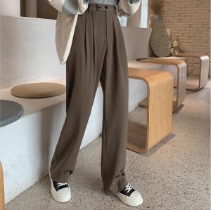 Celana Panjang Wanita Setelan Celana Pinggang Tinggi Longgar Kasual Lurus Polos Celana Kasual Kaki Lebar