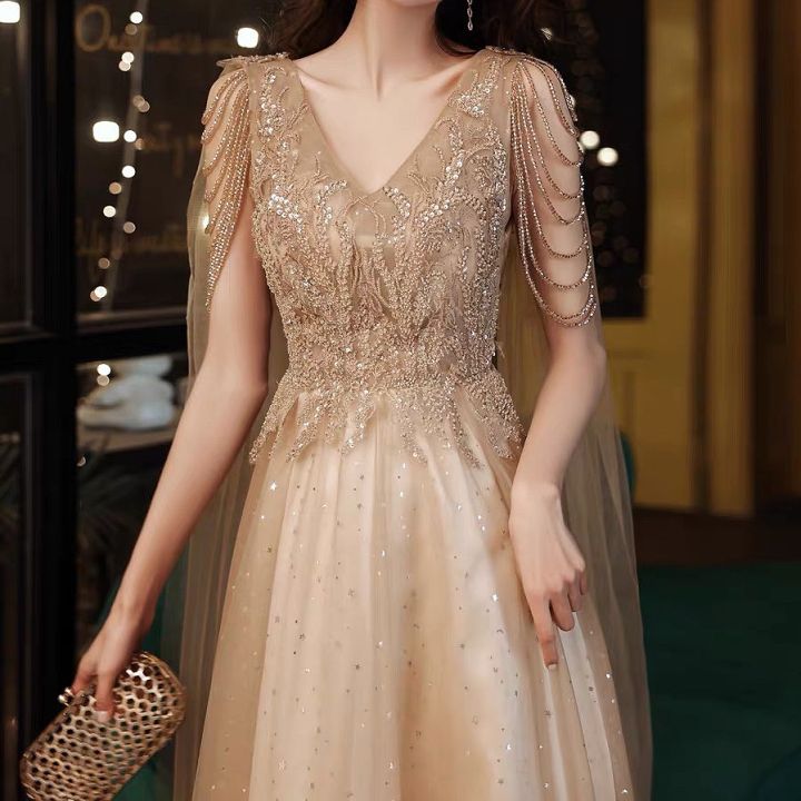 Champagne Gold Evening Dresses With Cape A Line Sexy V neck A line