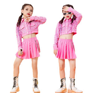 LOLANTA Girls Costume 2Pcs Hip Hop Dance Clothes for Kids Pink Square Long SlleeveTop & Pleated Skirt Set Children Modern Jazz Dance Team Stage Dancewear Daily Casual Wear