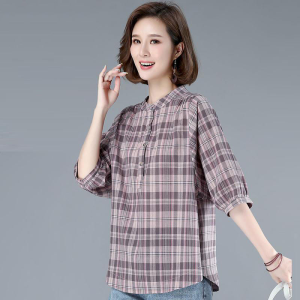 COCOEPPS Large Size Loose Casual Plaid Shirt Women Short Sleeve Blouse - Summer Cotton T-shirt with Home Leisure Style