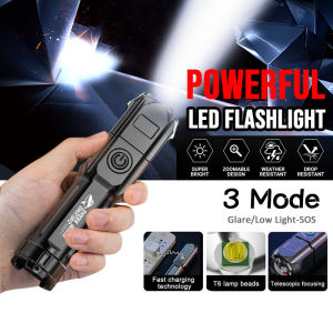 Led Flashlight Super Bright ABS Strong Light Focusing LED Flashlight Zoomable USB Rechargeable T6 Tactical Torch Night for Running Camping Hiking Fishing Walking Warning Light
