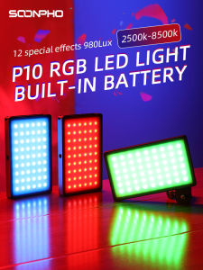 Soonpho ชุดไฟวิดีโอ LED RGB P10สีกล้องฉายภาพหรี่แสงได้2500K-8500K ไฟไบแผงไฟไลท์ CRI 95 +