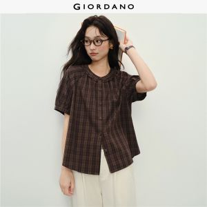 Giordano Women 100% cotton frill round neck plaid blouse Free Shipping 18346817