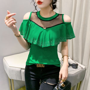 YIMEI Áo Khiêu Vũ Đẹp Áo Thun Nữ 2023 Thời Trang Mùa Hè Cổ Tròn Mới Với Kim Cương Chạm Khoét Áo Thun Nữ Cotton Hình Lá Xếp Nếp Đẹp