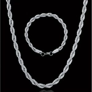 Stainless Steel Silver Twist Dough Neck Chain Necklace Bracelet Set Hip Hop Gift for Men Women