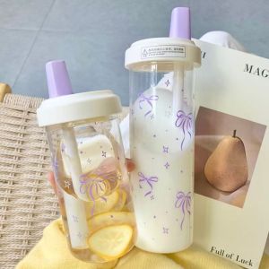 PURETEN 500ml Straw Cup Bowknot Plastic Water Bottle Portable Large Capacity Coffee Cup Juice Milk