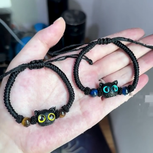 Unique Cat Charm Bracelet Fun Adorable Cat Wristband Braided Rope Round Bead Bracelets Unique Gift for Women