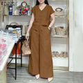 ZANZEA Women Two-piece Outfits Raglan Sleeve V-Neck Button Up Shirt Wide Leg Long Trousers Solid Elegant Sets #0407. 