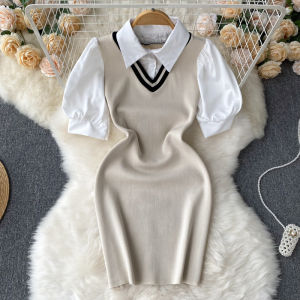 Draylen Korean Style  Puff Sleeve Summer Sweet Dress Preppy Fanny pack and hip dress