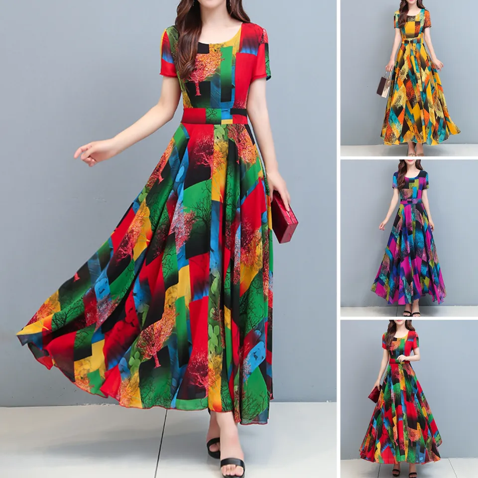 Ready Women Dress Colorful Print Large Hem Summer A Line Long Dress Streetwear Lazada PH