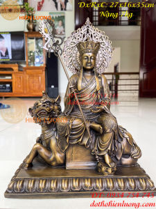 Tượng địa tạng bồ tát cưỡi đề thính bằng đồng hun cao 35cm DxRxC 27x16x35cm nặng 7kg