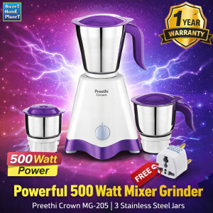 [1 Year Warranty] Preethi Crown MG-205 500W Mixer Grinder with 3 Stainless Steel Jars 3 Speed Kitchen Blender