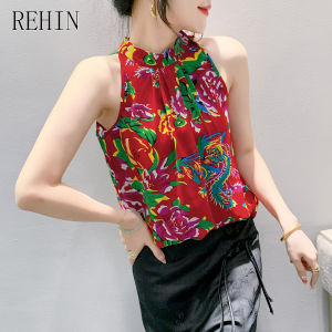 Rehin thời trang mới mùa hè in hoa không tay đa năng ôm vừa cổ cao hợp thời trang màu đỏ của phụ nữ hàng đầu