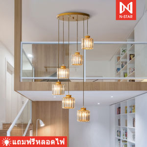โคมไฟเพดาน โคมระย้าคริสตัล หมุนโคมระย้าบันไดโมเดิร์นโคมไฟติดเพดานHollow Creative Villaขั้นบันไดมีไฟความยาวคริสตัลโคมไฟนอร์ดิก